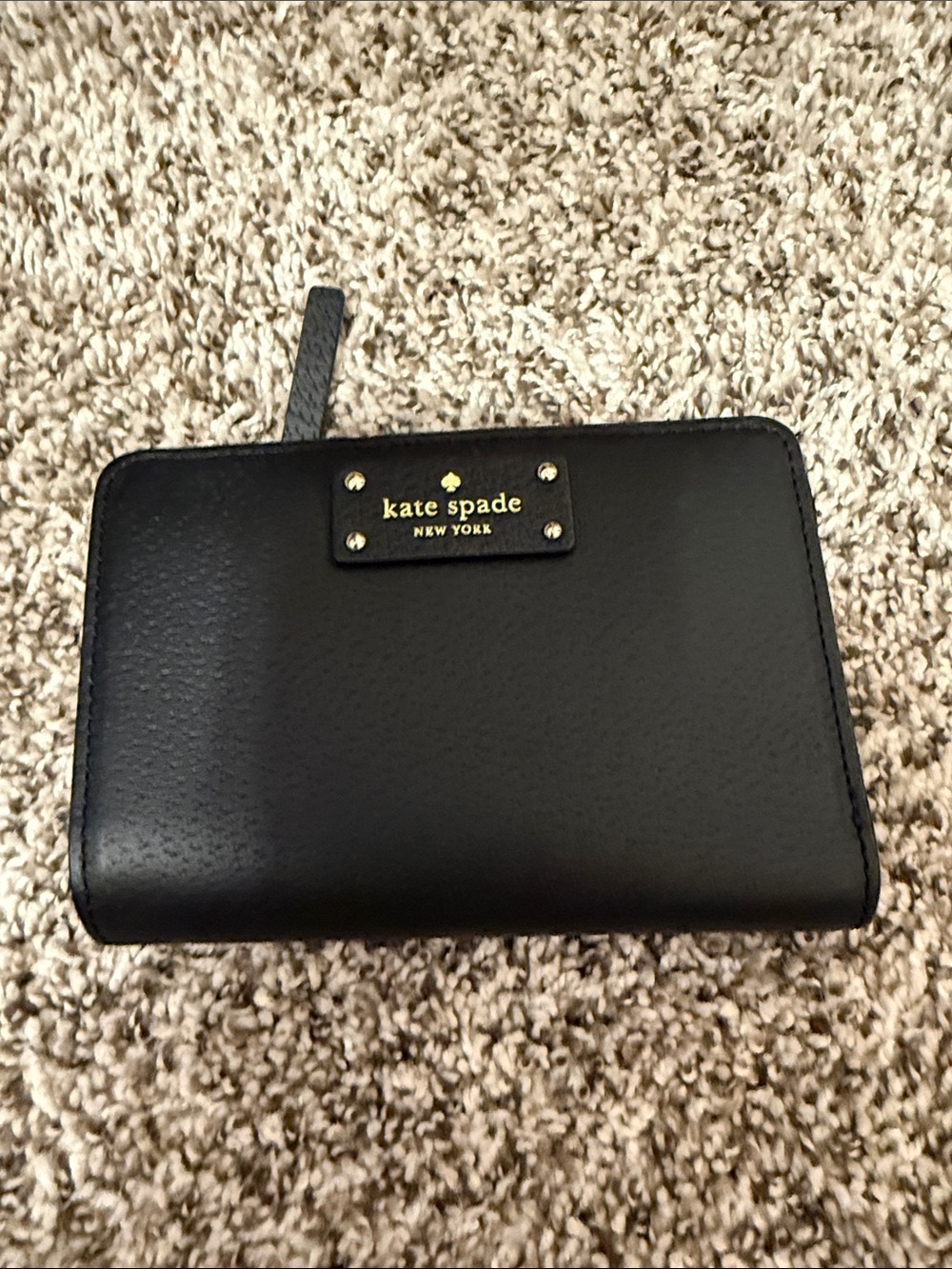 kate spade Black Leather Zip Wallet with Gold Logo Plate